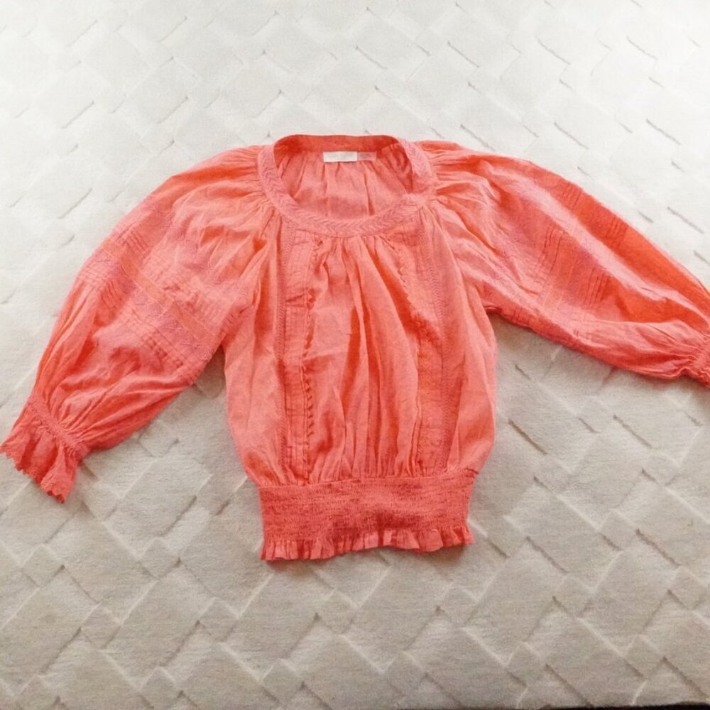 Ramy Brook Puff Sleeve Embroidered Top Womens Extra Small Smocked Waist
